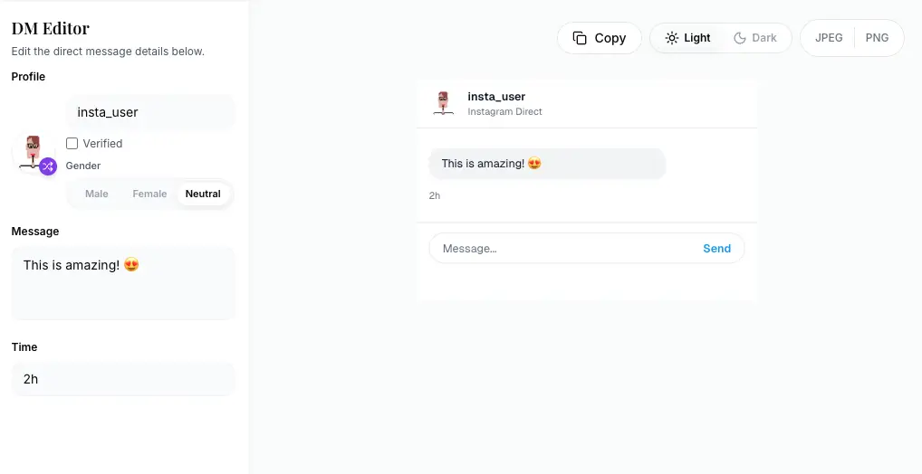Instagram DM Generator main interface showing preview and configuration areas