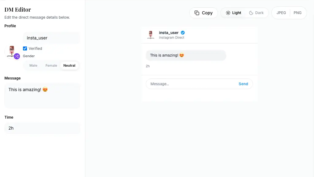Instagram DM generator with verified badge showing blue checkmark on profile