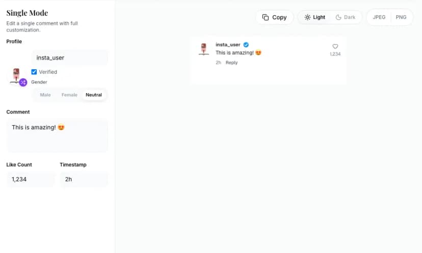 Instagram comment generator with verified badge showing blue checkmark on profile