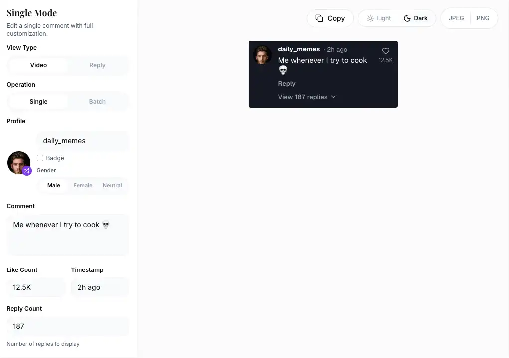 TikTok Comment Generator main interface showing preview and configuration areas