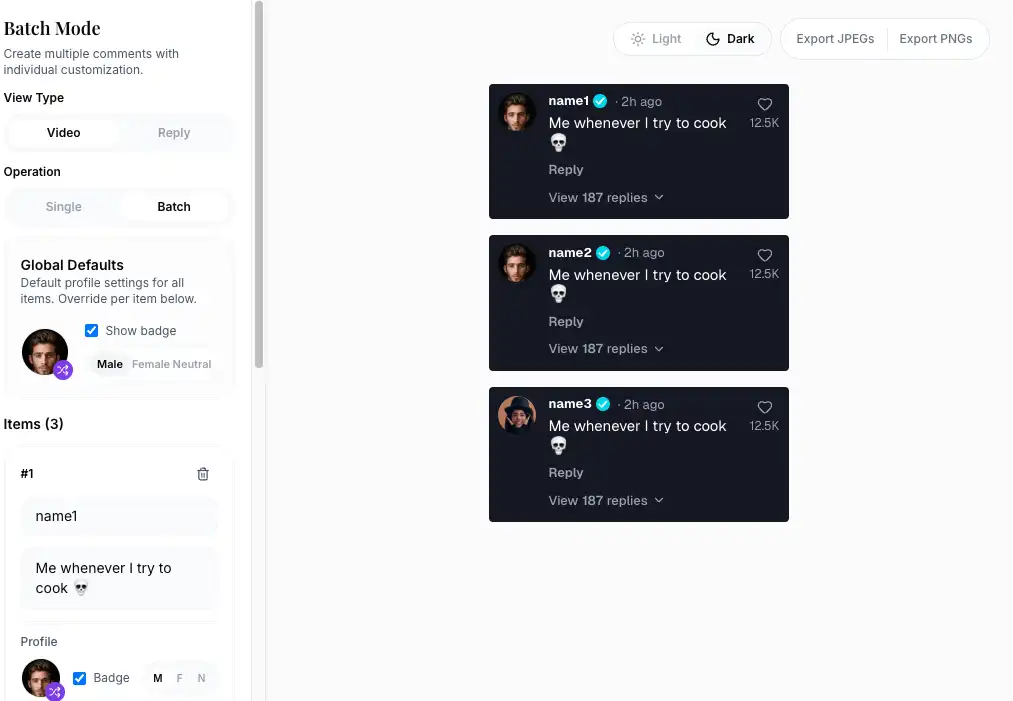 TikTok comment generator batch mode showing multiple comment management interface